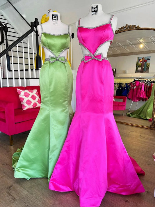 Scoop Neck Mermaid Beaded Long Prom Dresses with Bow