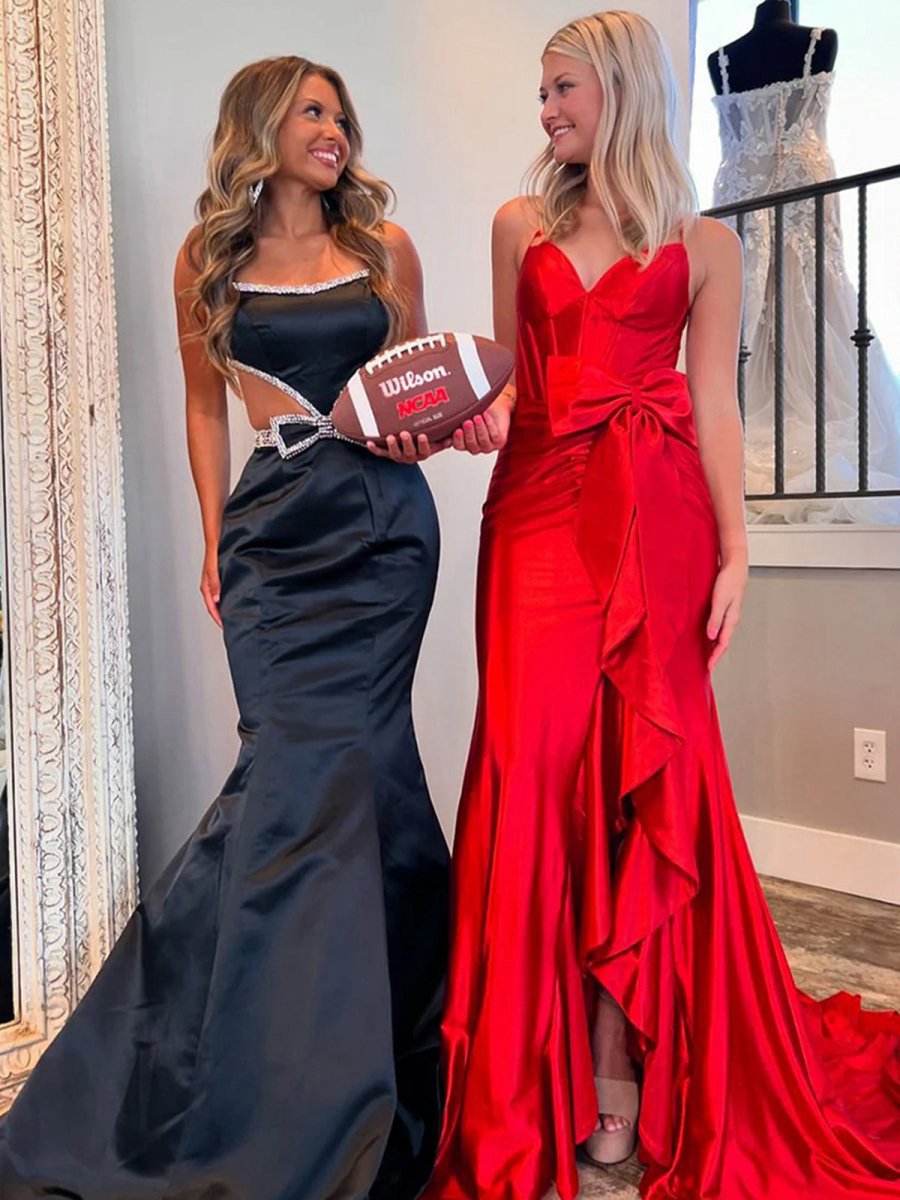 Scoop Neck Mermaid Beaded Long Prom Dresses with Bow