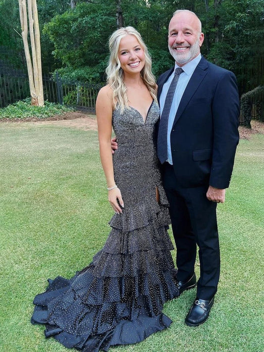 V Neck Mermaid Long Prom Dresses with Beading