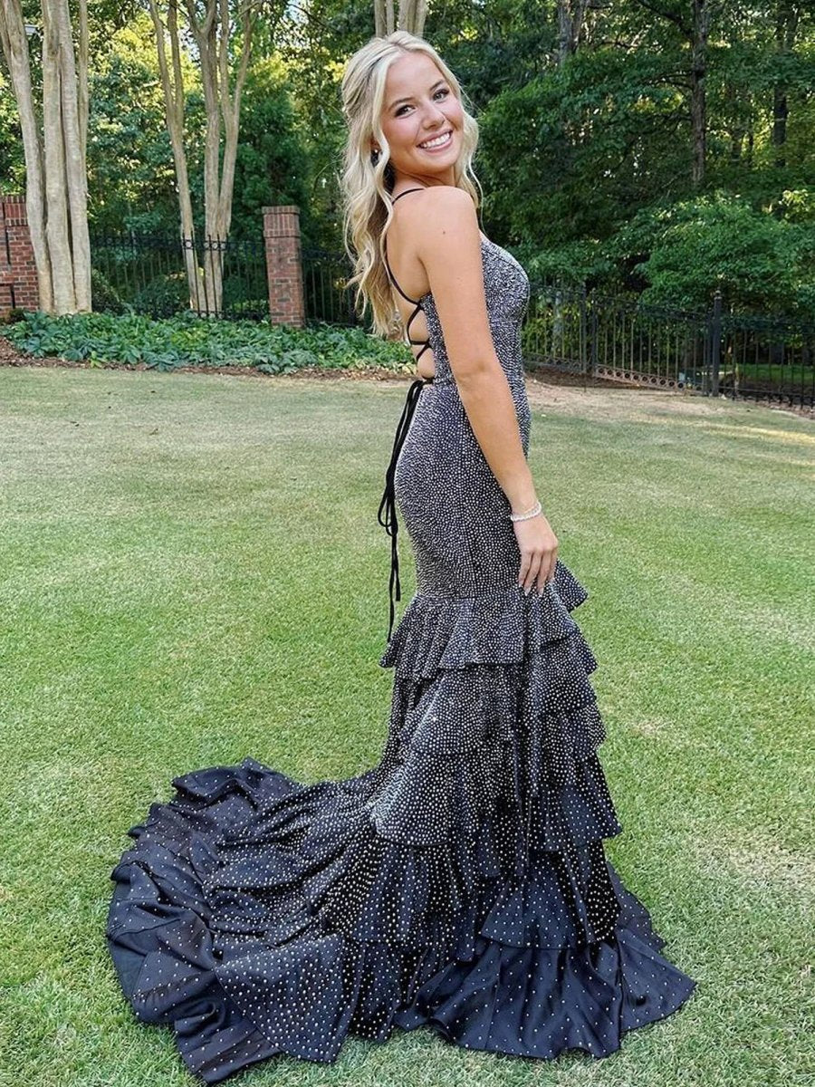 V Neck Mermaid Long Prom Dresses with Beading