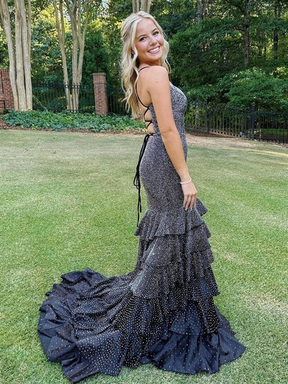 V Neck Mermaid Long Prom Dresses with Beading