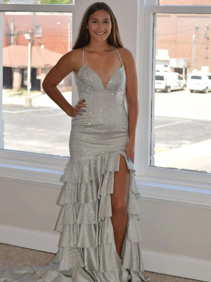 V Neck Mermaid Long Prom Dresses with Beading