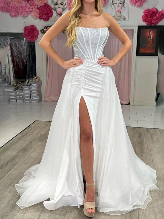 Mermaid Strapless Satin Long Prom Dresses with Beading