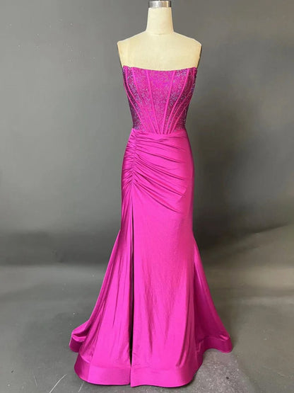 Mermaid Strapless Satin Long Prom Dresses with Beading
