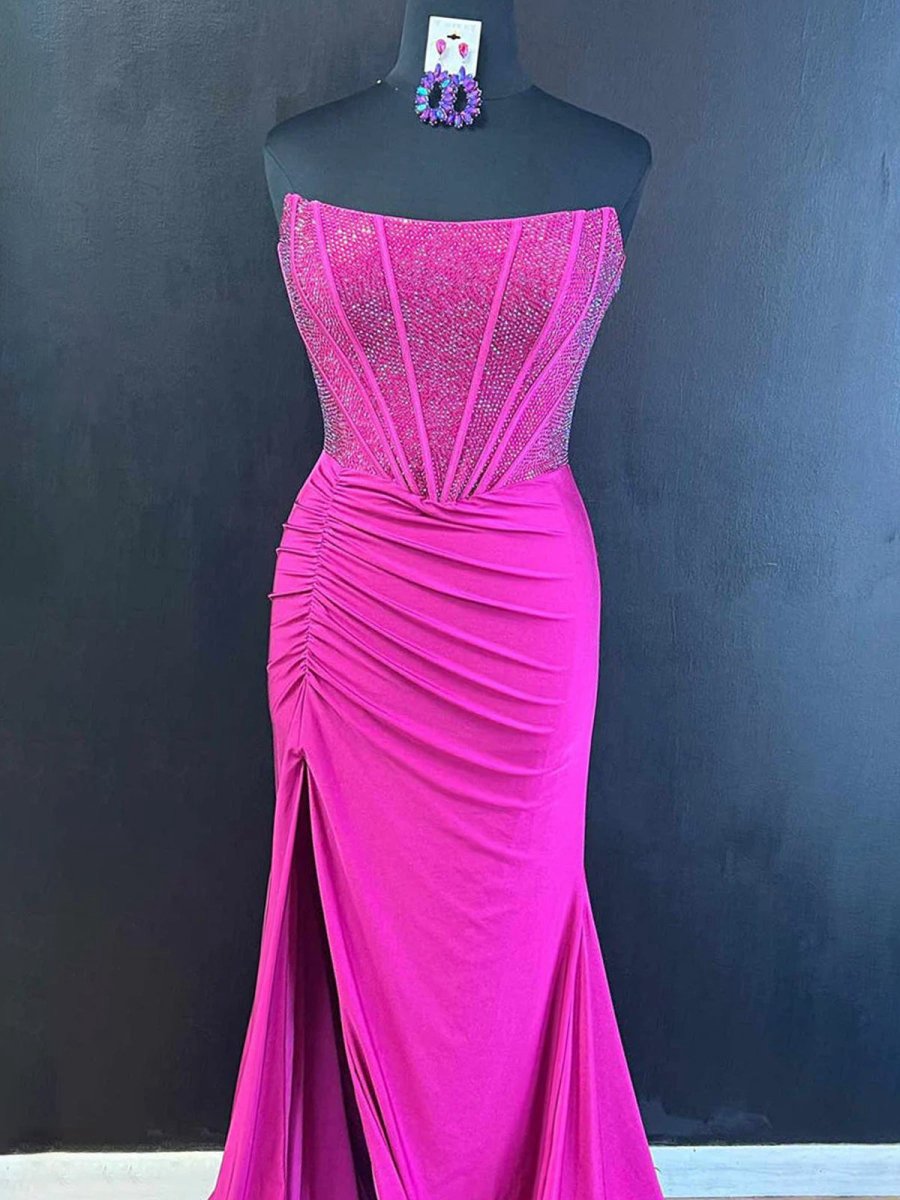 Mermaid Strapless Satin Long Prom Dresses with Beading