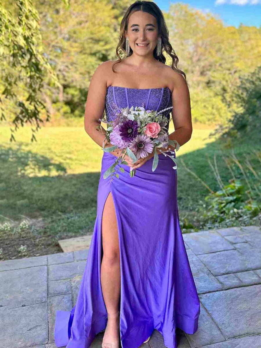 Mermaid Strapless Satin Long Prom Dresses with Beading