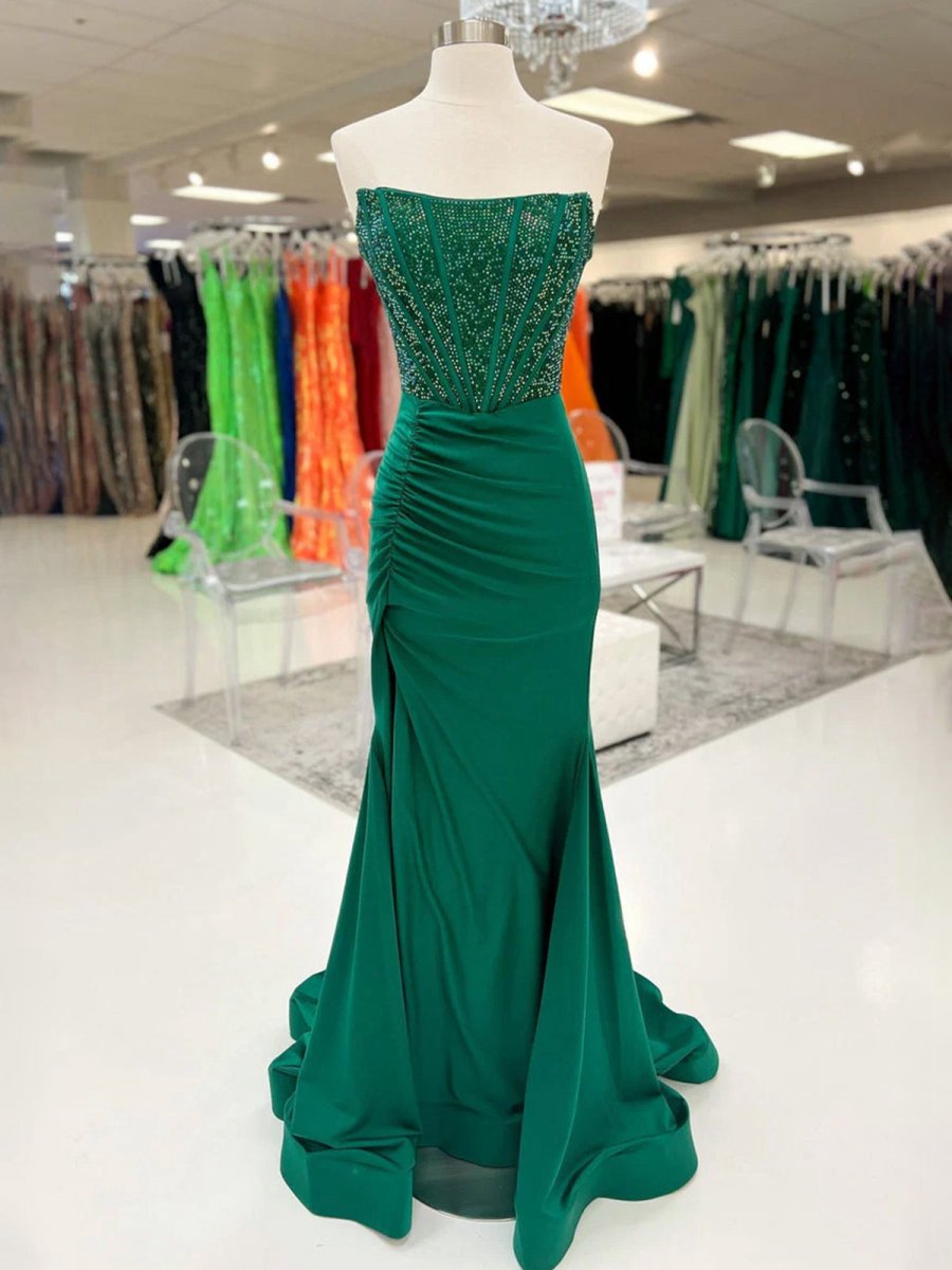 Mermaid Strapless Satin Long Prom Dresses with Beading