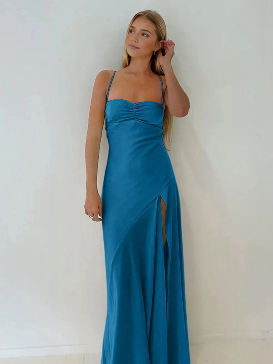 Spaghetti Straps Sheath Long Prom Dresses with Split