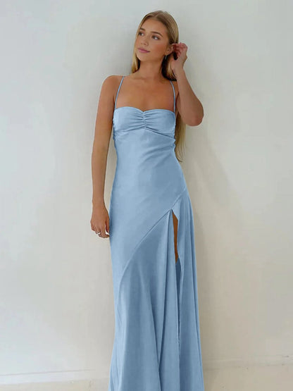 Spaghetti Straps Sheath Long Prom Dresses with Split
