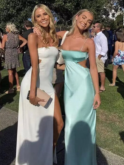 Spaghetti Straps Sheath Prom Dresses Formal Satin Party Dresses