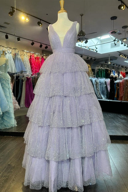 Tulle Sequin V-Neck Ruffle Tie Long Prom Dresses