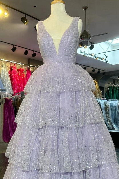 Tulle Sequin V-Neck Ruffle Tie Long Prom Dresses