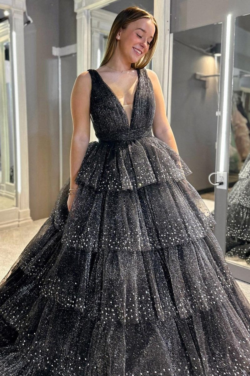 Tulle Sequin V-Neck Ruffle Tie Long Prom Dresses