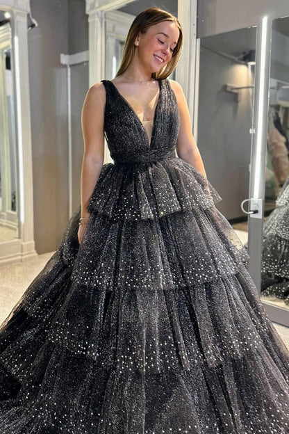 Tulle Sequin V-Neck Ruffle Tie Long Prom Dresses