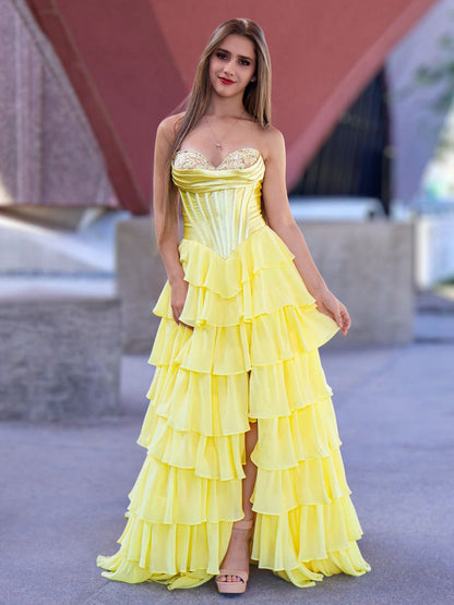 Strapless A-line Ruffle Long Prom Dresses with Split