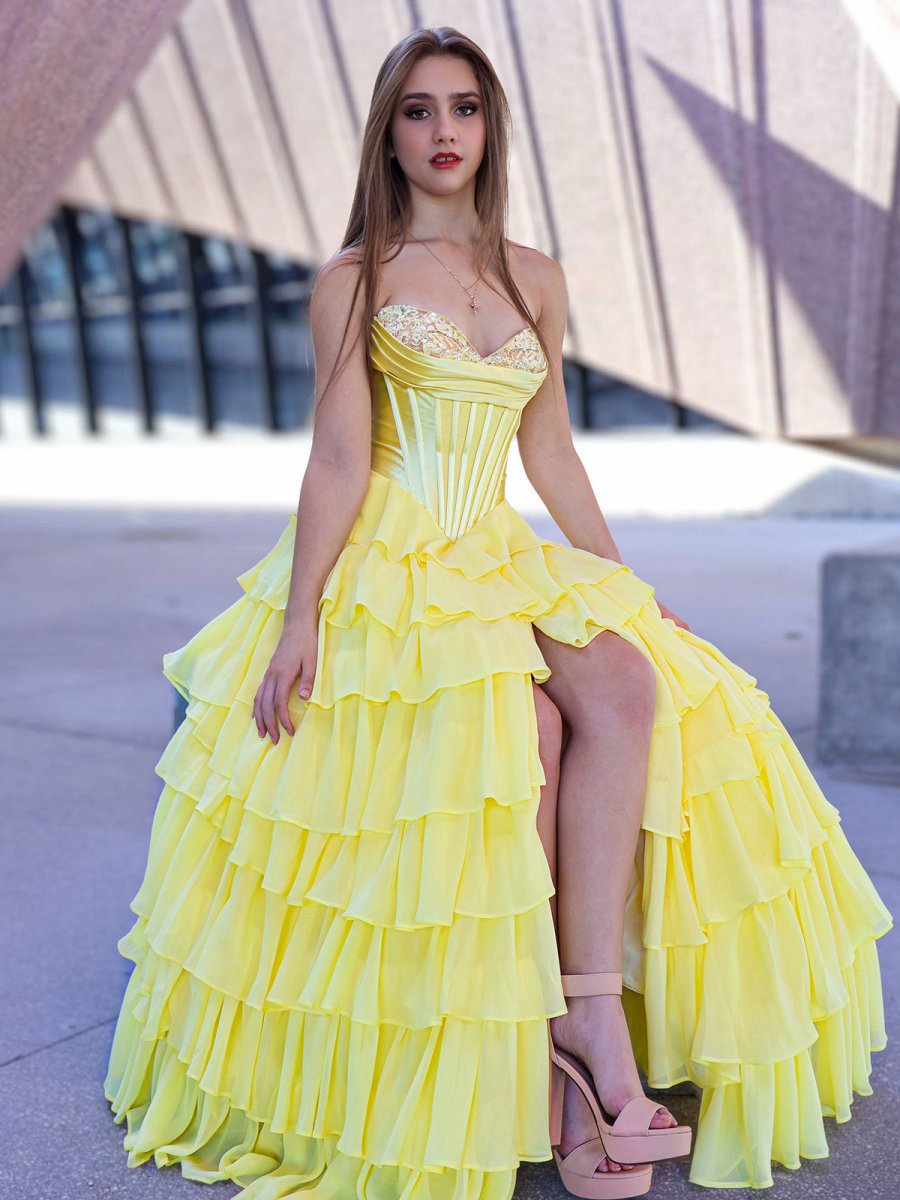 Strapless A-line Ruffle Long Prom Dresses with Split