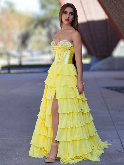 Strapless A-line Ruffle Long Prom Dresses with Split