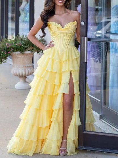Strapless A-line Ruffle Long Prom Dresses with Split