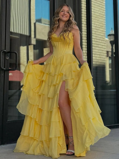 Strapless A-line Ruffle Long Prom Dresses with Split