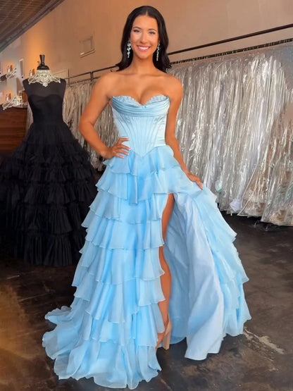 Strapless A-line Ruffle Long Prom Dresses with Split