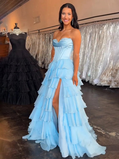 Strapless A-line Ruffle Long Prom Dresses with Split