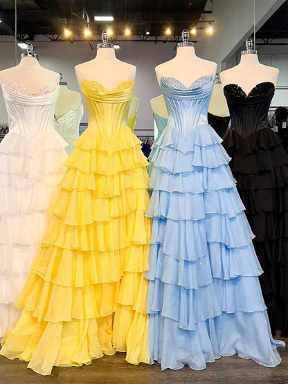 Strapless A-line Ruffle Long Prom Dresses with Split