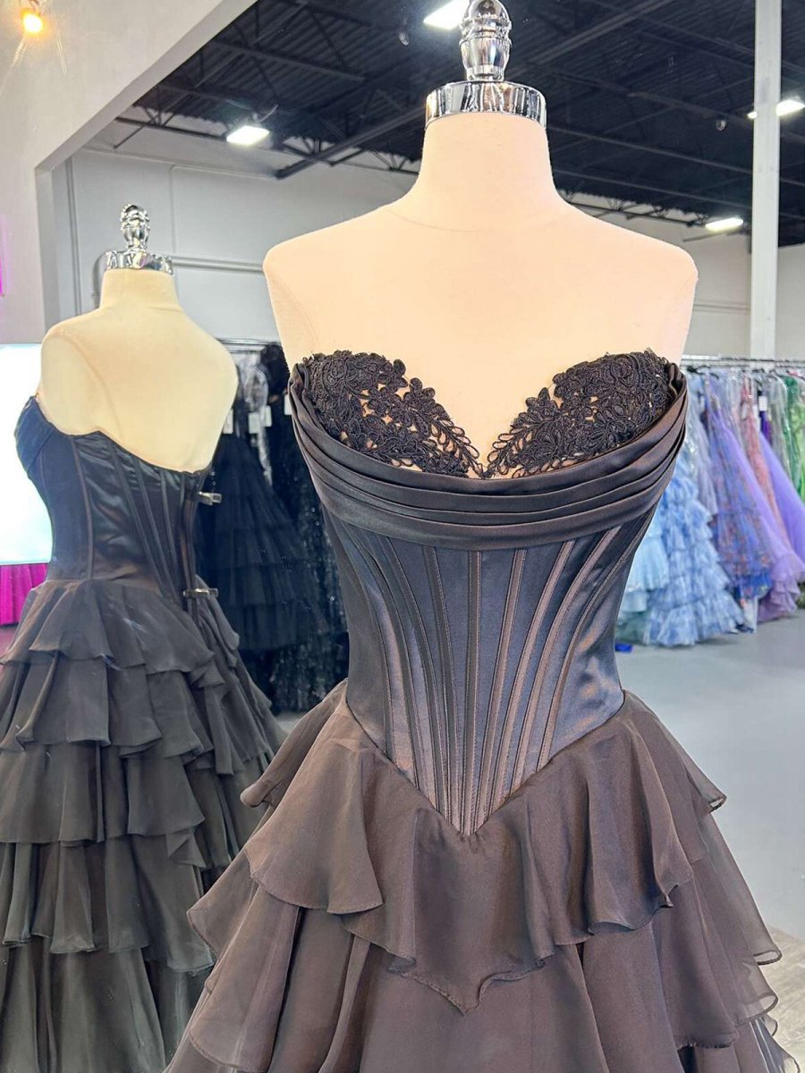 Strapless A-line Ruffle Long Prom Dresses with Split
