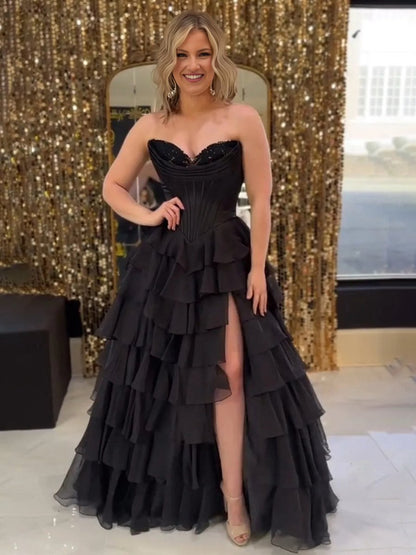 Strapless A-line Ruffle Long Prom Dresses with Split