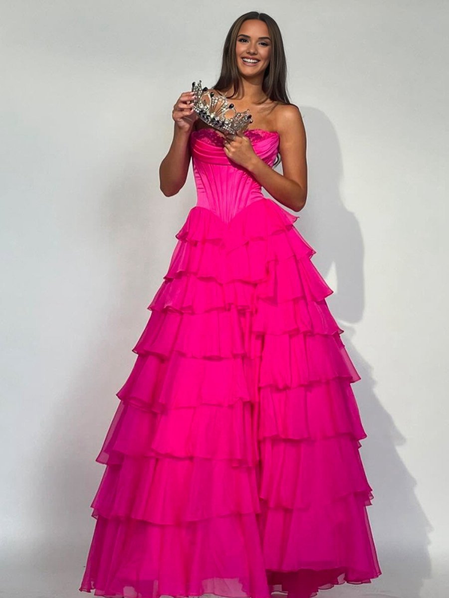 Strapless A-line Ruffle Long Prom Dresses with Split
