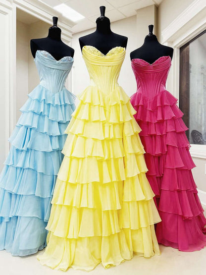 Strapless A-line Ruffle Long Prom Dresses with Split