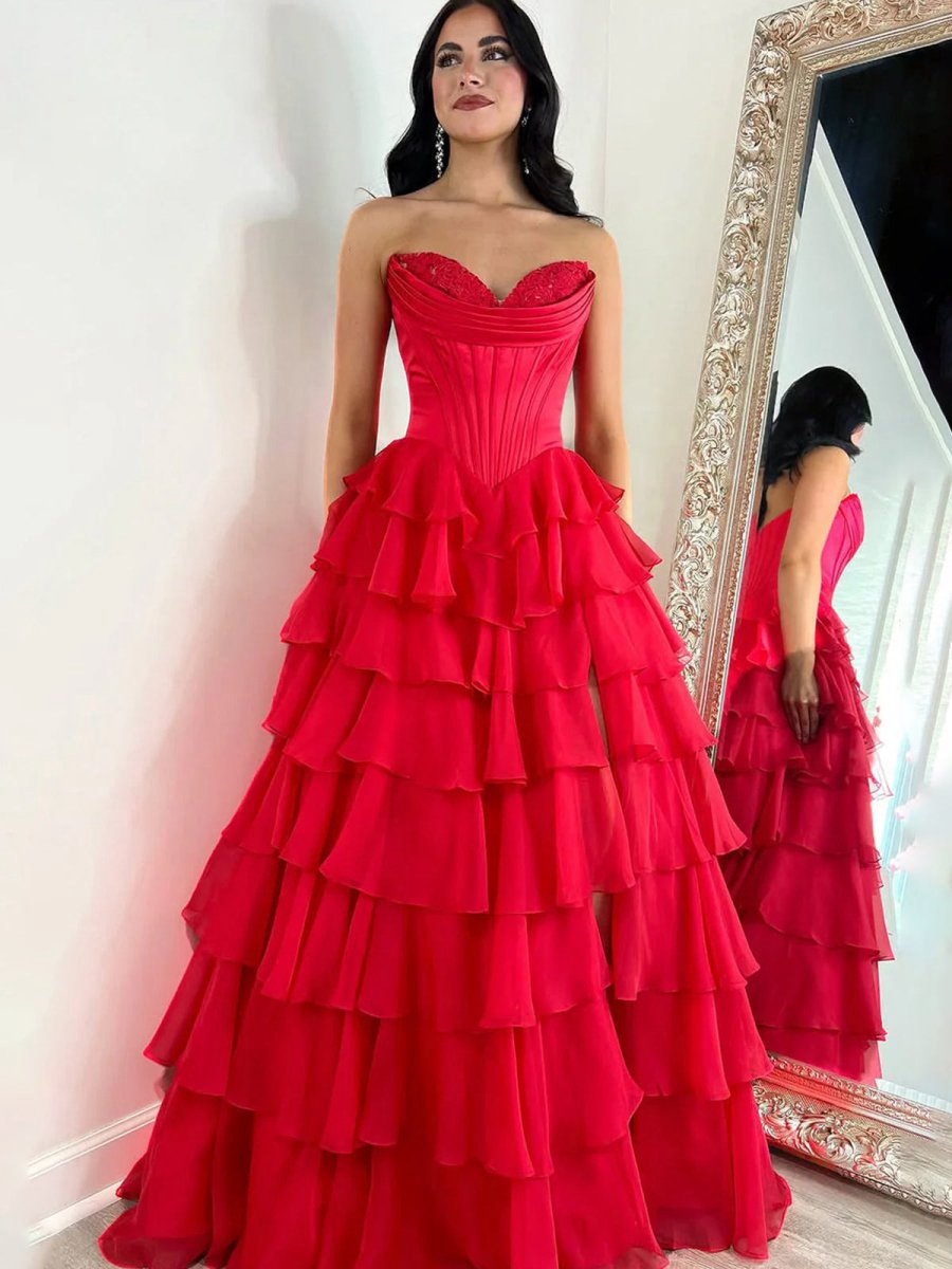 Strapless A-line Ruffle Long Prom Dresses with Split