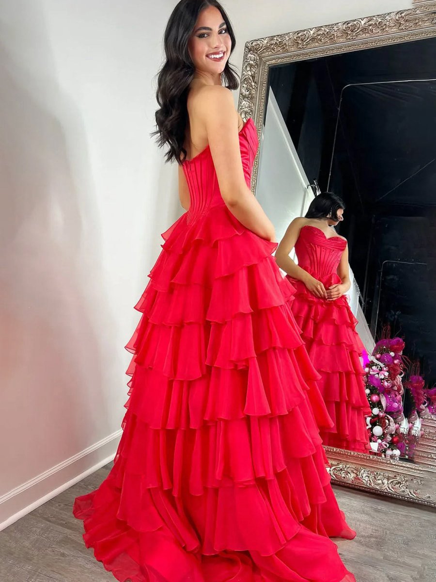 Strapless A-line Ruffle Long Prom Dresses with Split