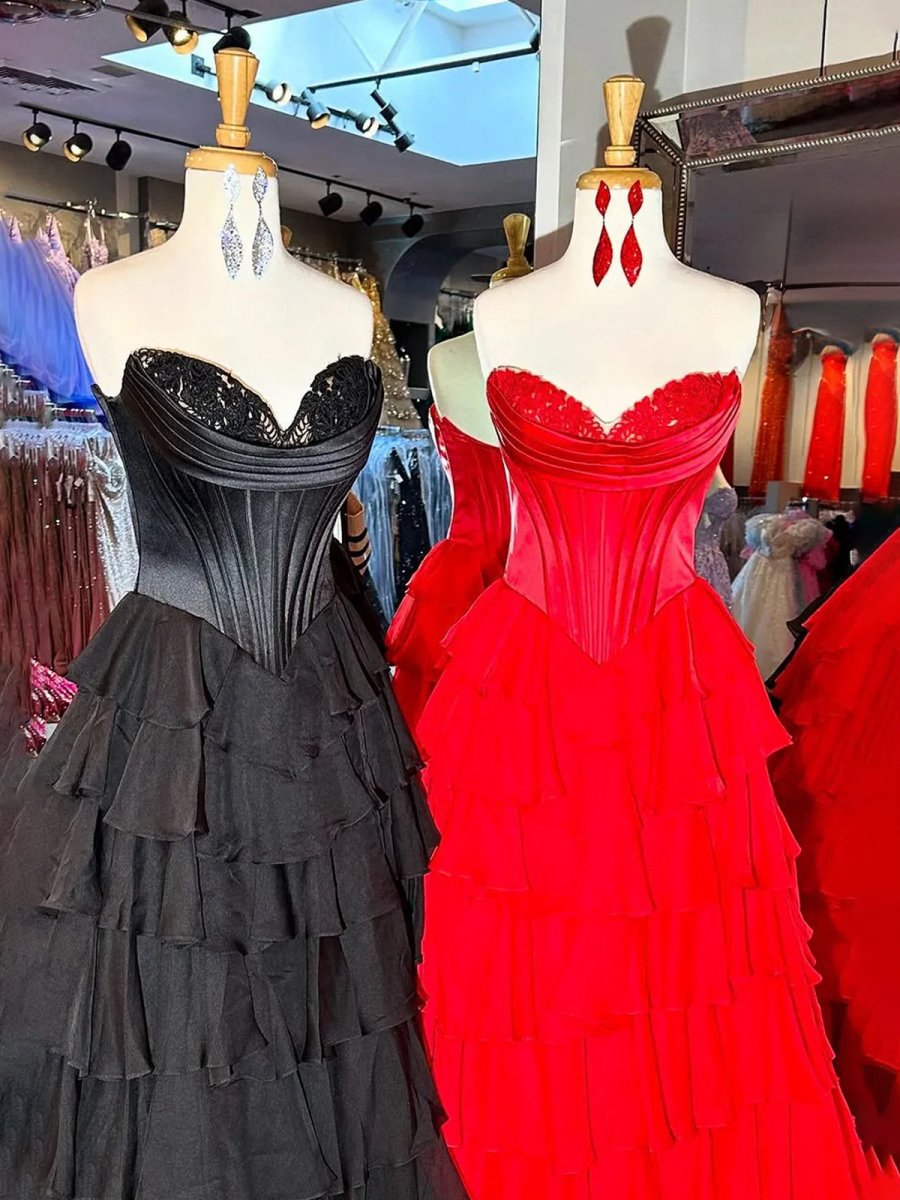 Strapless A-line Ruffle Long Prom Dresses with Split