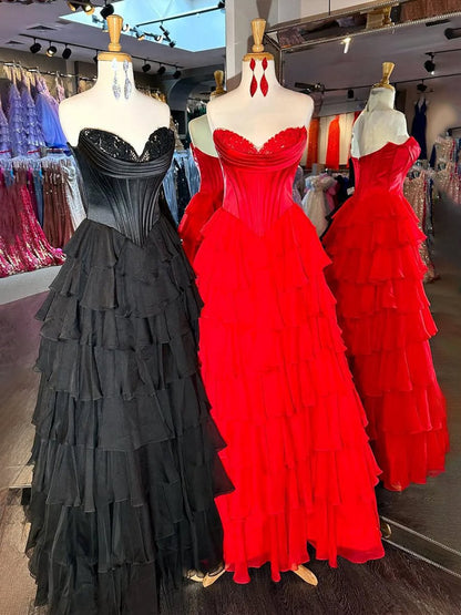 Strapless A-line Ruffle Long Prom Dresses with Split