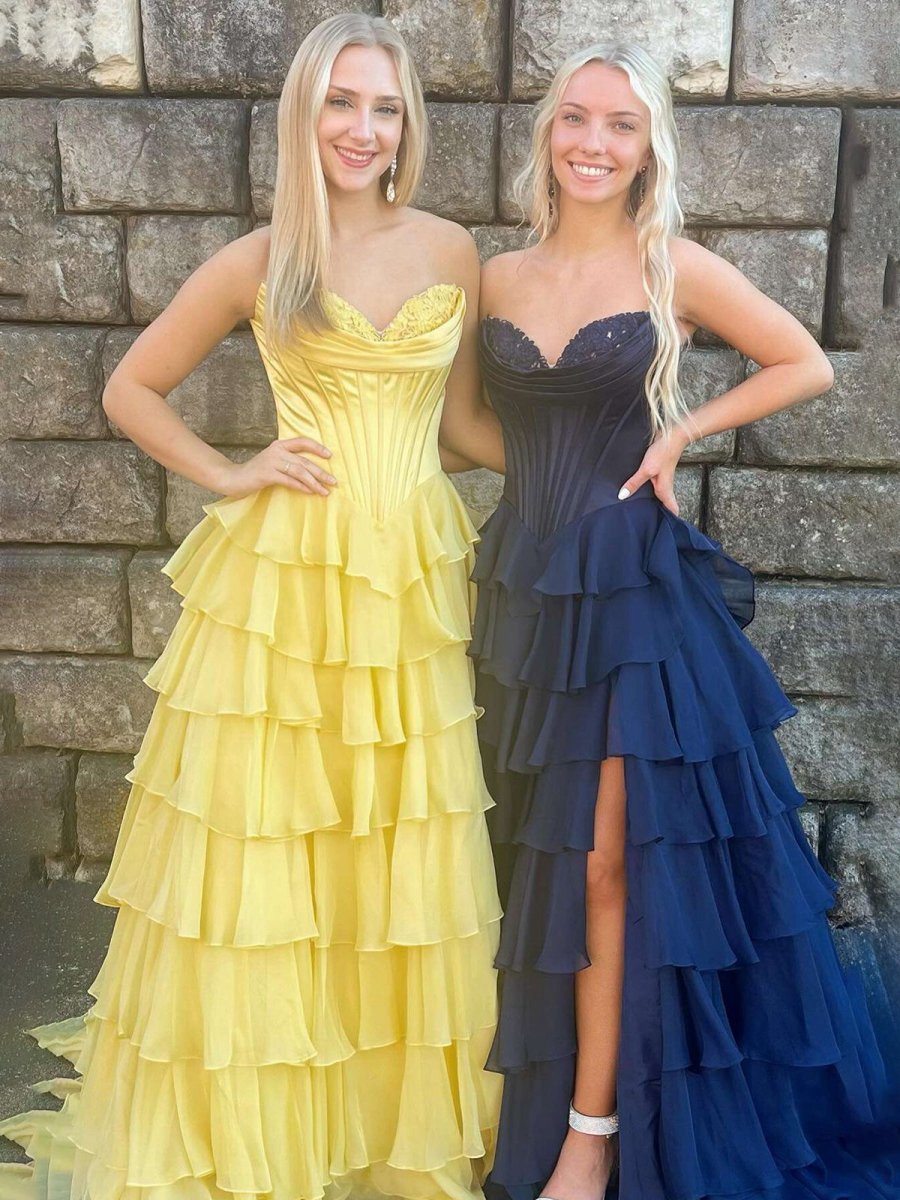 Strapless A-line Ruffle Long Prom Dresses with Split