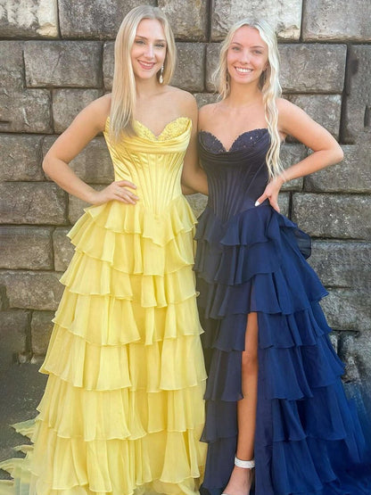 Strapless A-line Ruffle Long Prom Dresses with Split