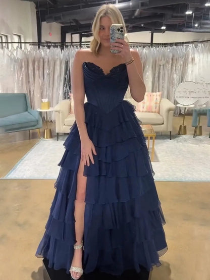 Strapless A-line Ruffle Long Prom Dresses with Split