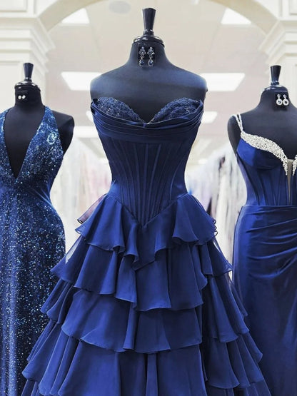 Strapless A-line Ruffle Long Prom Dresses with Split