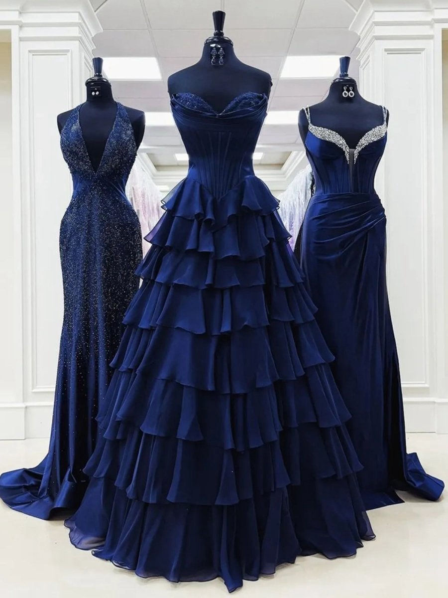 Strapless A-line Ruffle Long Prom Dresses with Split