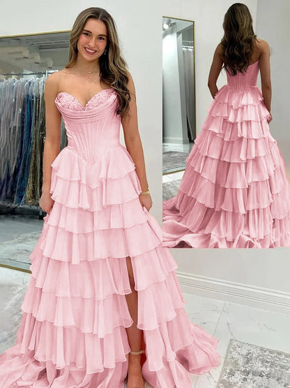 Strapless A-line Ruffle Long Prom Dresses with Split