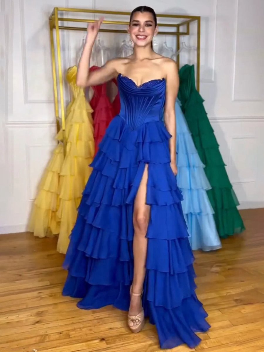 Strapless A-line Ruffle Long Prom Dresses with Split