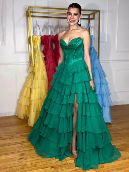 Strapless A-line Ruffle Long Prom Dresses with Split