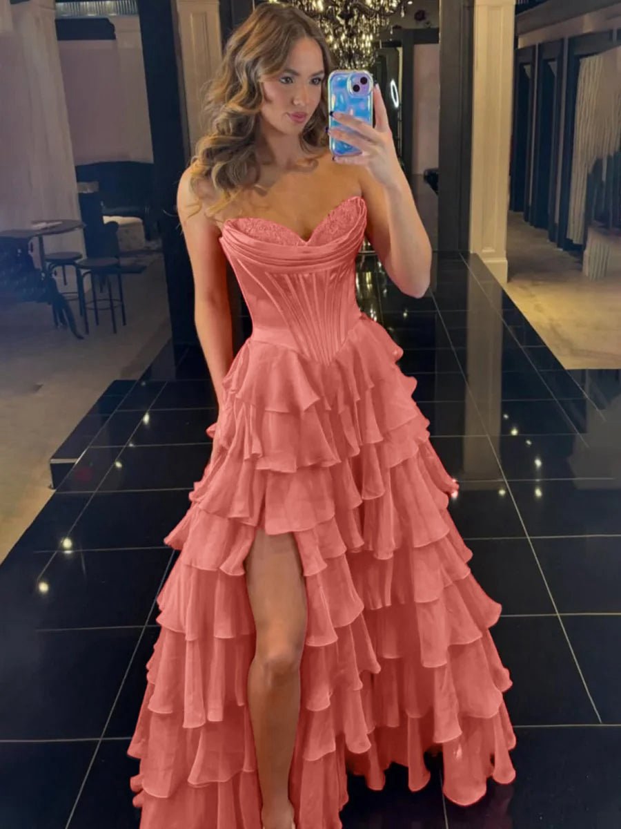 Strapless A-line Ruffle Long Prom Dresses with Split
