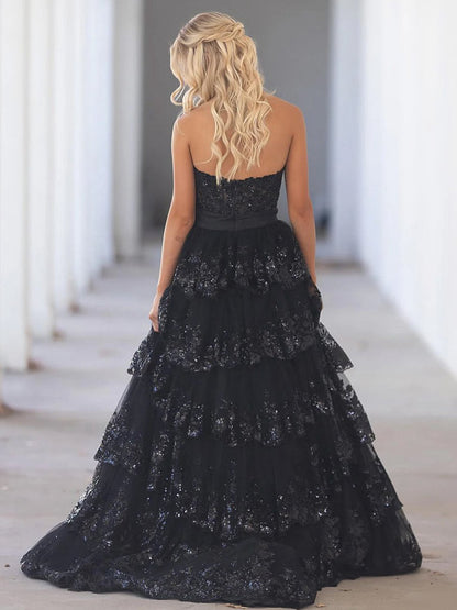 Sweetheart Lace Appliques Ruffle Long Formal Gown
