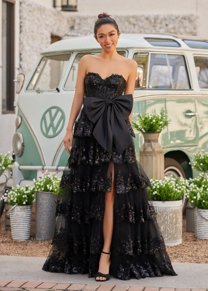 Sweetheart Lace Appliques Ruffle Long Formal Gown