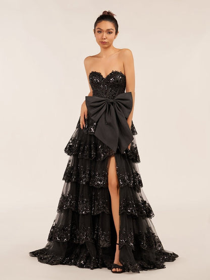 Sweetheart Lace Appliques Ruffle Long Formal Gown