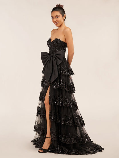 Sweetheart Lace Appliques Ruffle Long Formal Gown