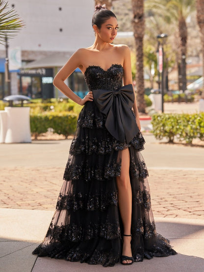 Sweetheart Lace Appliques Ruffle Long Formal Gown