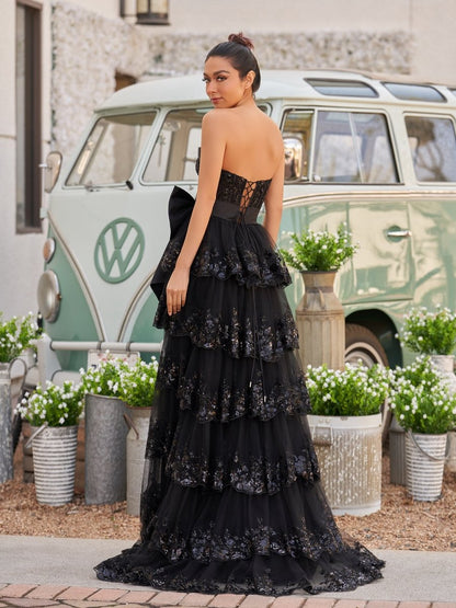 Sweetheart Lace Appliques Ruffle Long Formal Gown