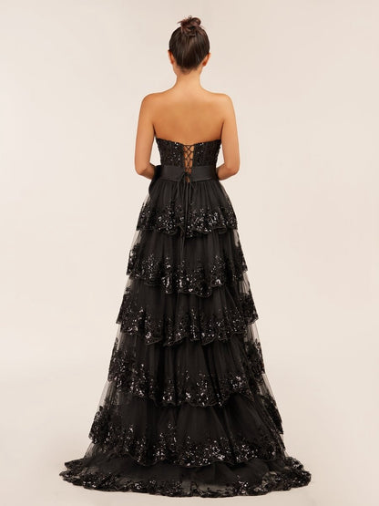 Sweetheart Lace Appliques Ruffle Long Formal Gown